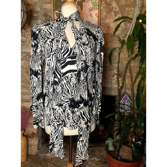 🦓 7 For All Mankind -  Zebra Print Tie-Neck Blouse - Size S 🦓 - Picture 1 of 8